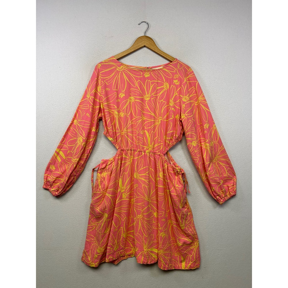 Boho Floral Universal Thread Womens Large Pink Yellow Cut Out Mini Linen Dress